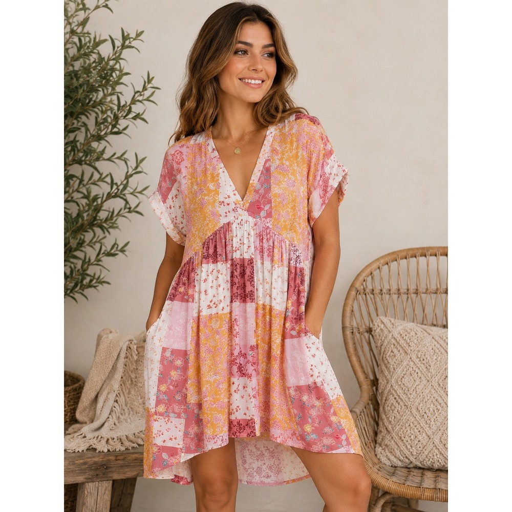 VICI Dolls Pink Floral Patchwork Babydoll Tunic Top Oversized V-Neck Small